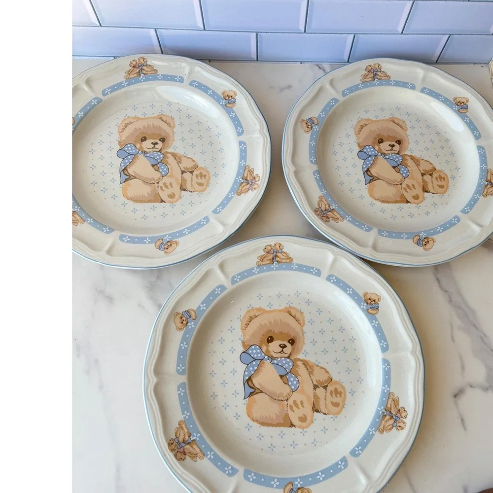 Vtg Tienshan Country Teddy Bear Ceramic Plates Set of 7‎ Blue Bow Stoneware